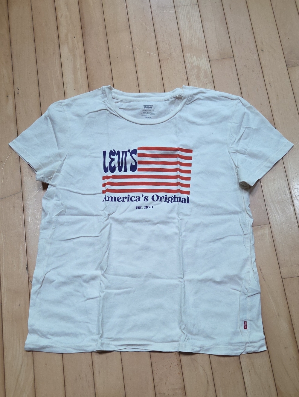 Levi's Cream Tee with Red Stripes and Blue Logo